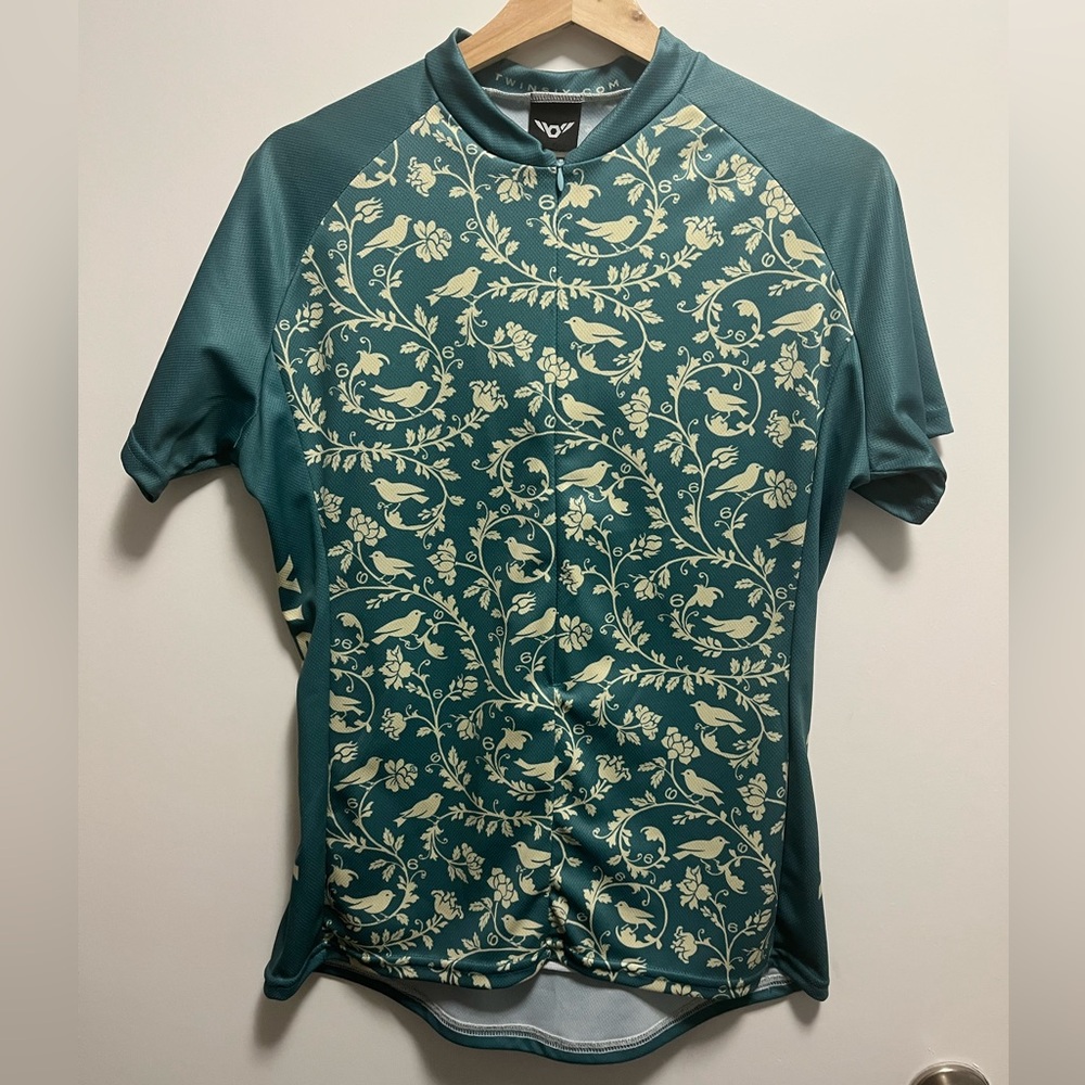 Twin Six Cycling Jersey Women Medium Green  Birds Floral 100% Polyester
